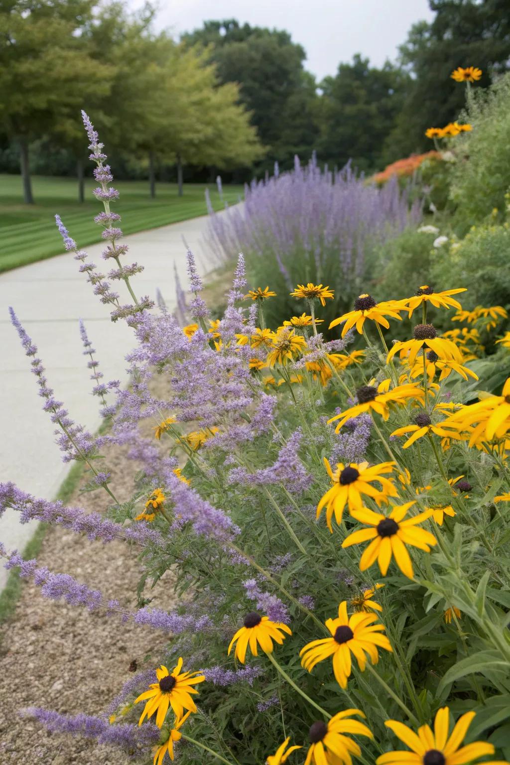 A cheerful garden pairing of Russian sage with sunny black-eyed Susans.