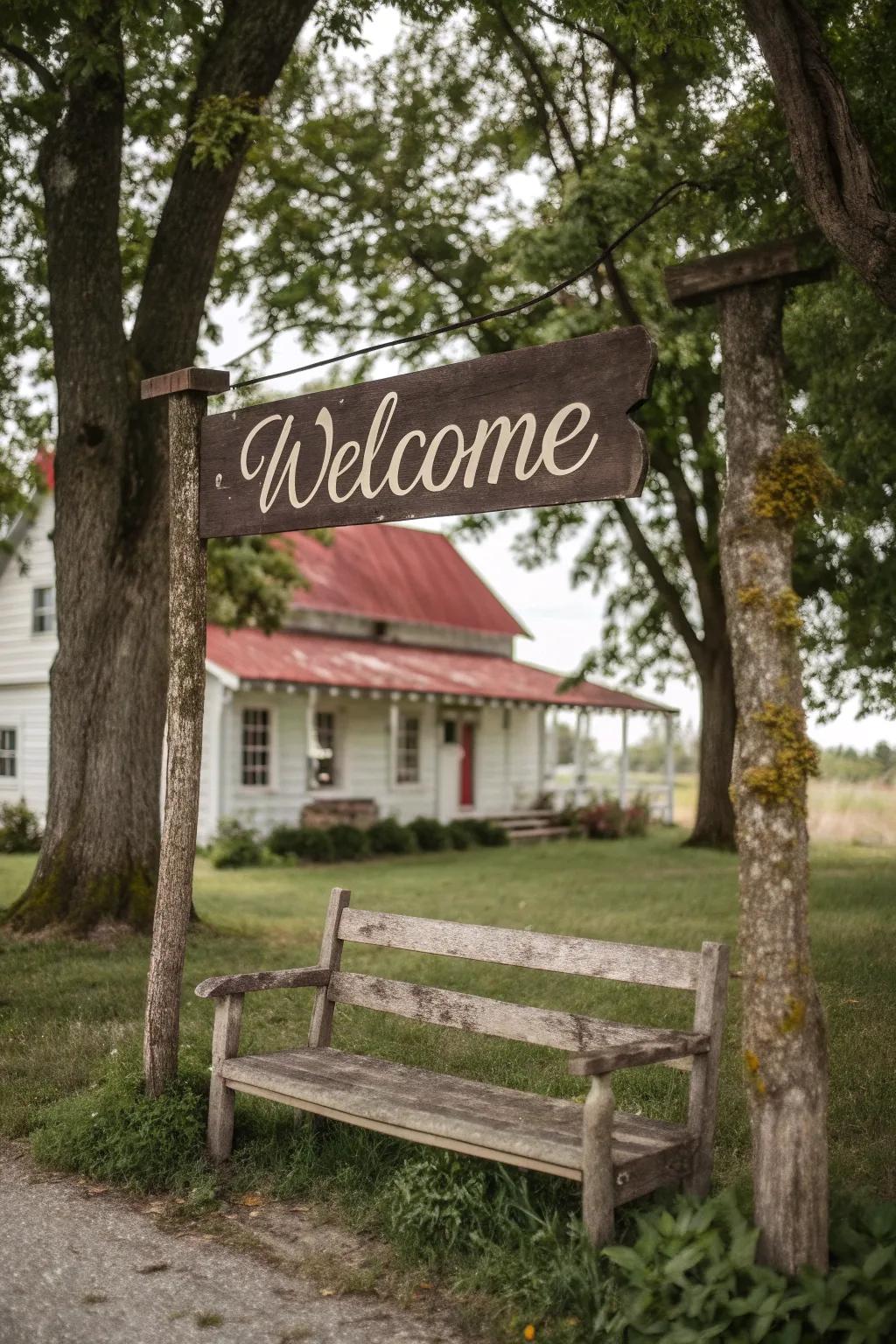 Farmhouse signs create a welcoming atmosphere.