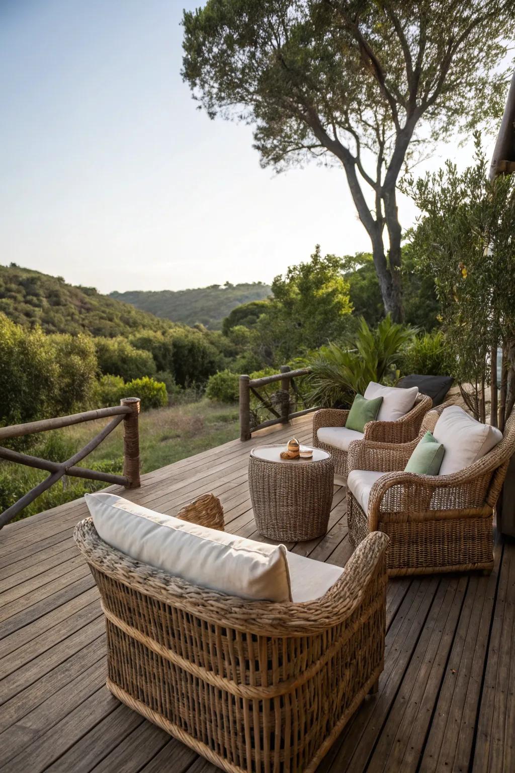 Soft padding and reed furniture highlight the inviting atmosphere of this veranda.