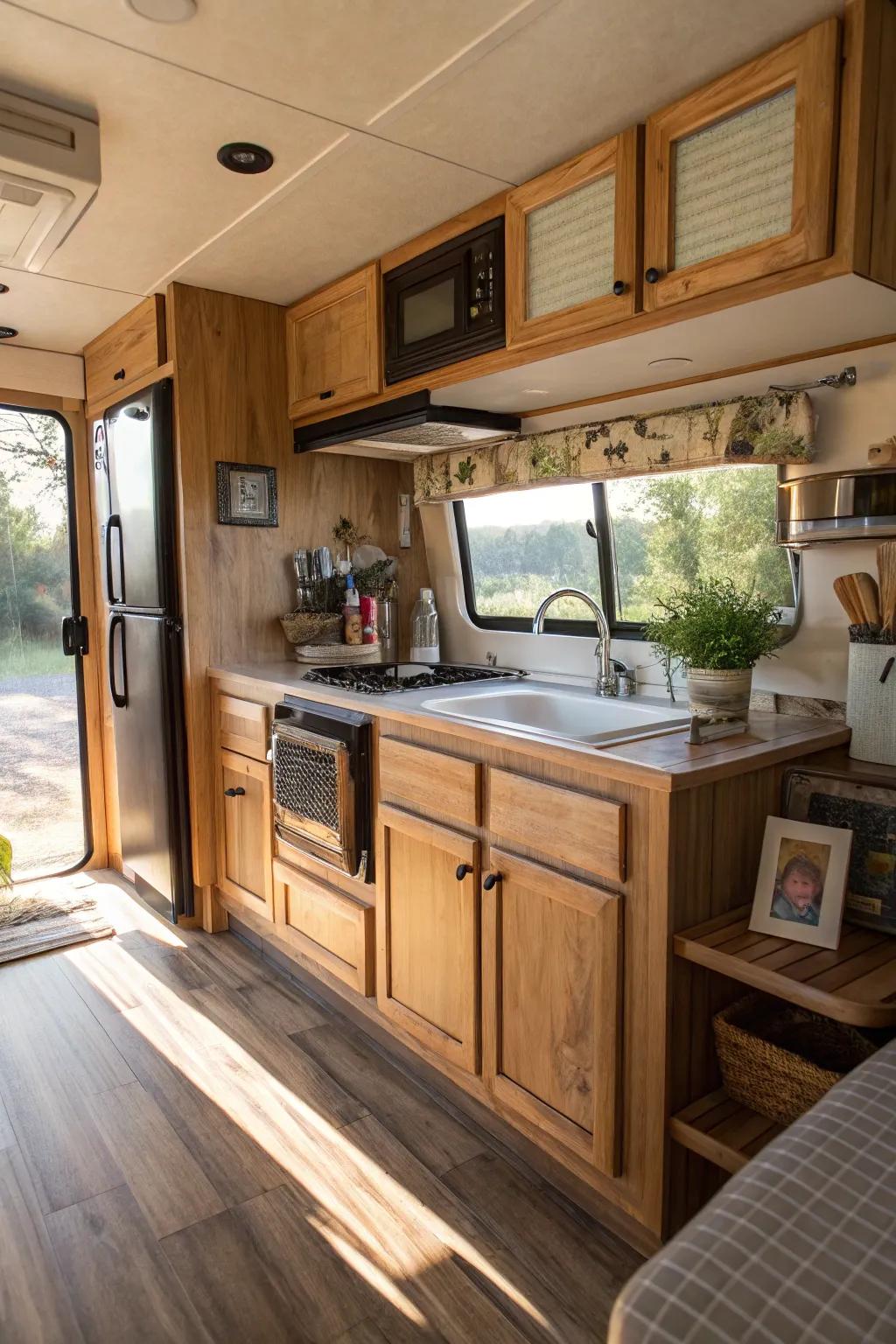 Natural wood tones add warmth and coziness to this RV kitchen.