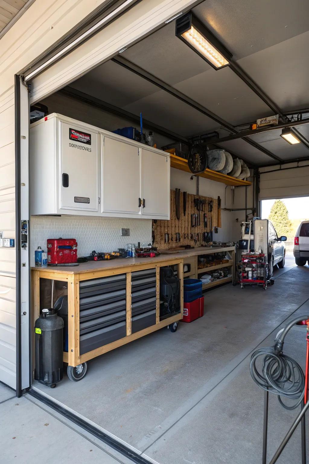 Integrated workshop enclave within an RV garage fostering innovation and fixes.