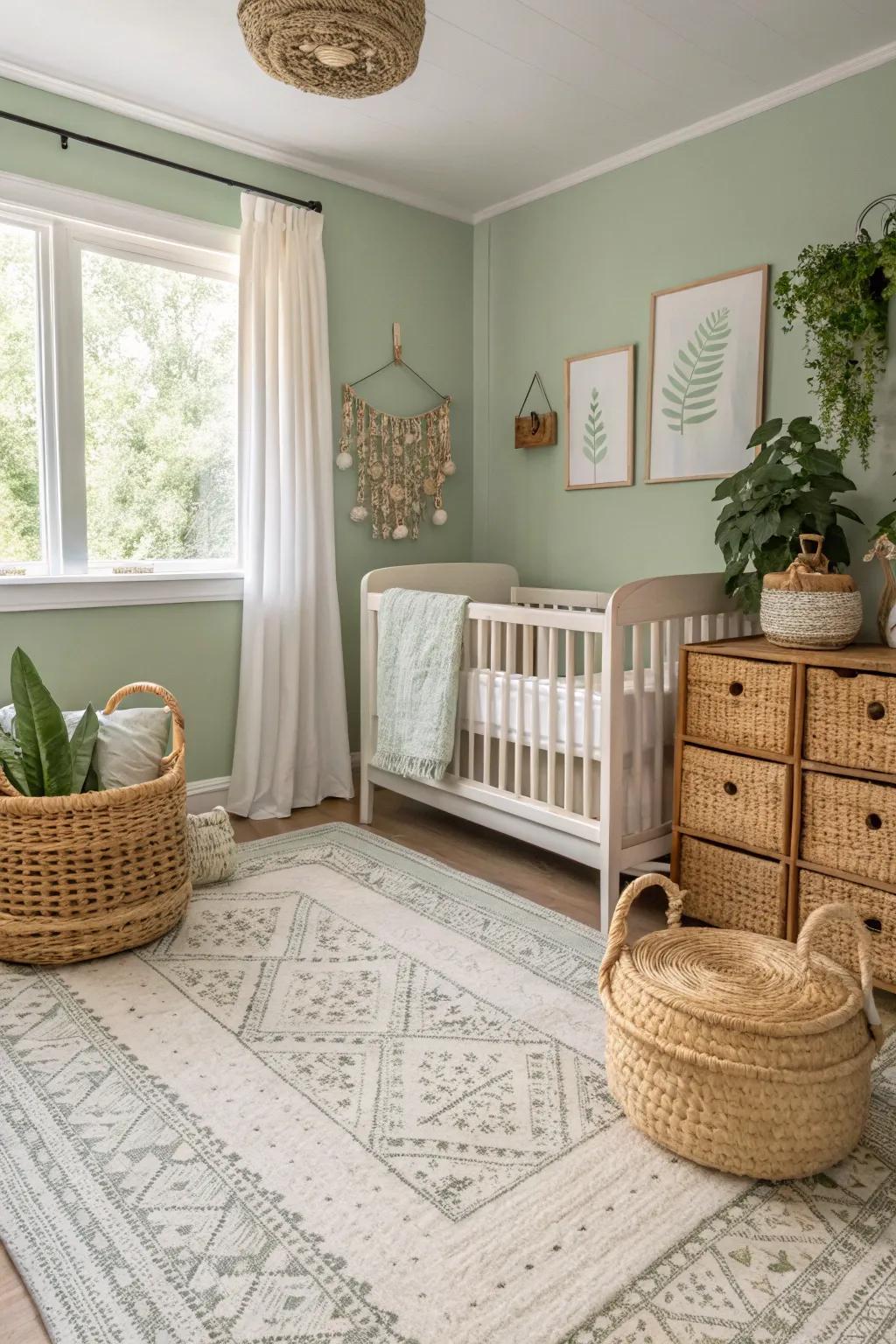 Textured decor adds warmth and interest to a sage green nursery.