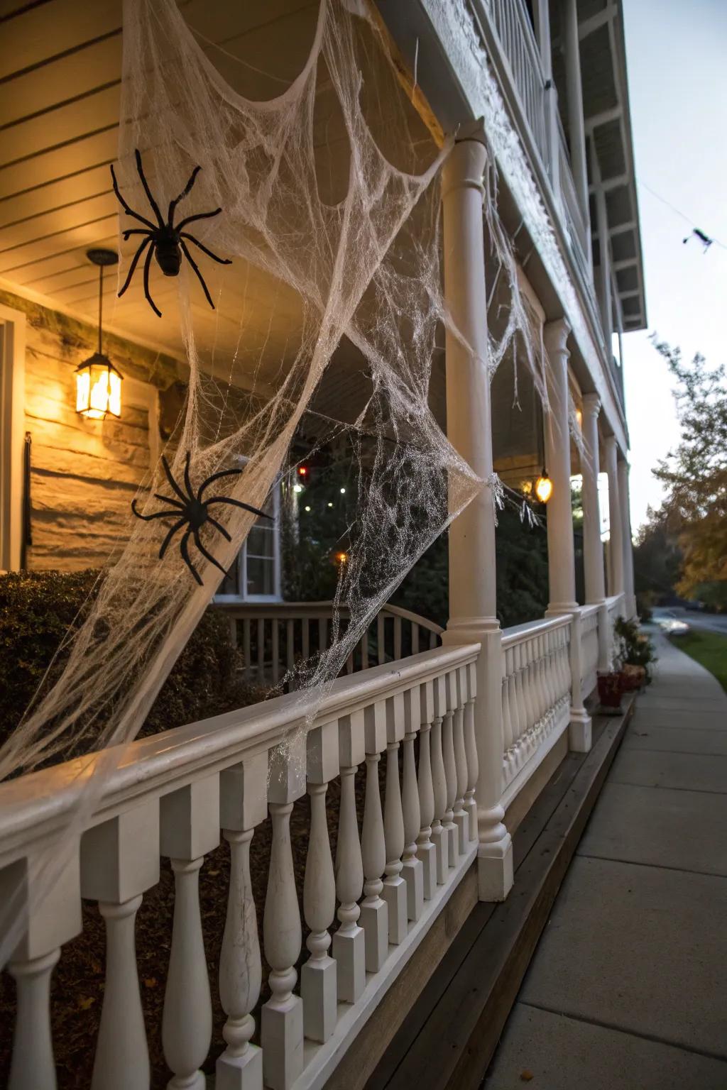 Eerie spider webs transform this porch into a scene from a nightmare.