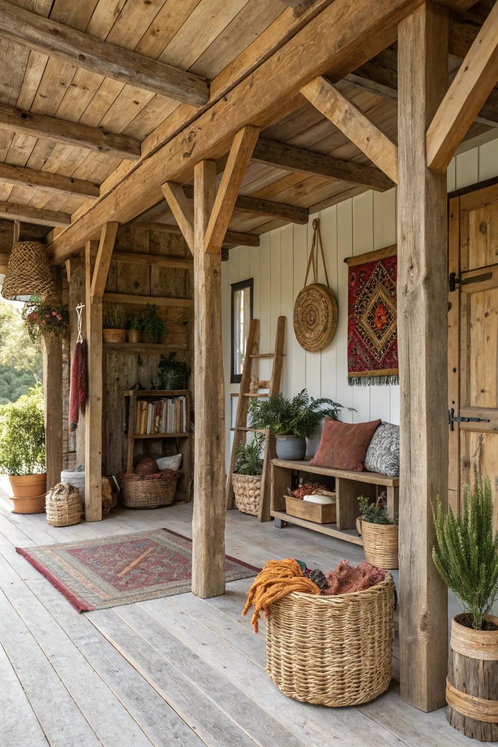 A rustic shed home interior with wooden beams and earthy decor.