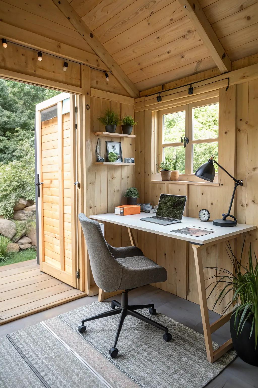 A shed converted into a serene and productive home office space.