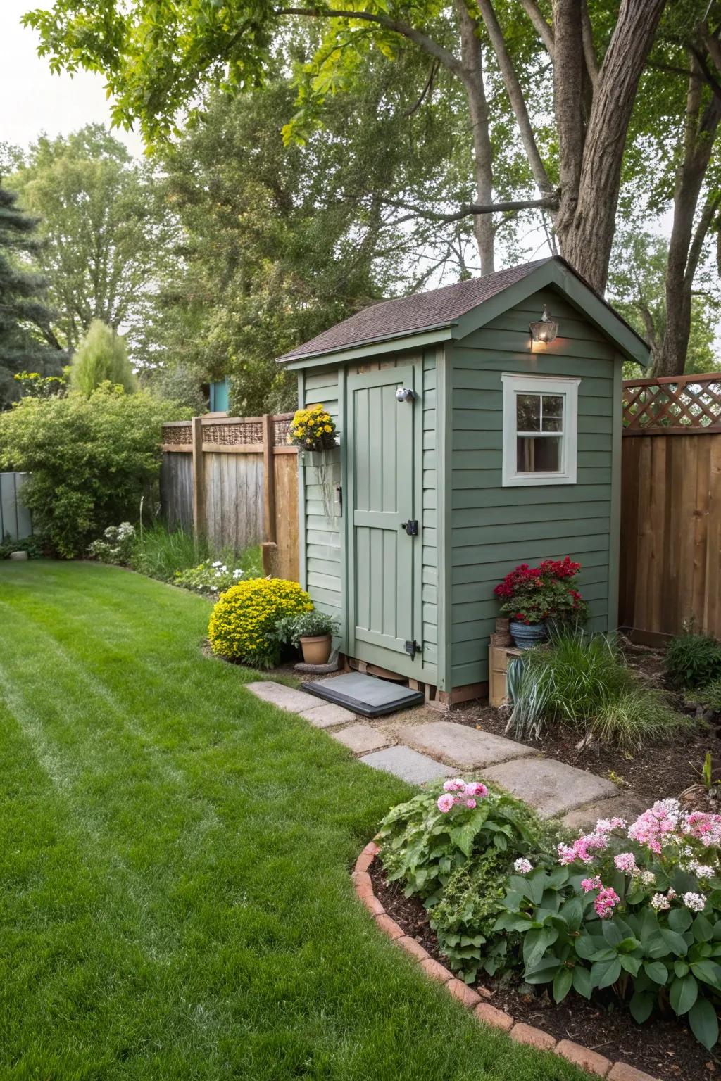 A corner shed maximizes yard space while remaining functional.