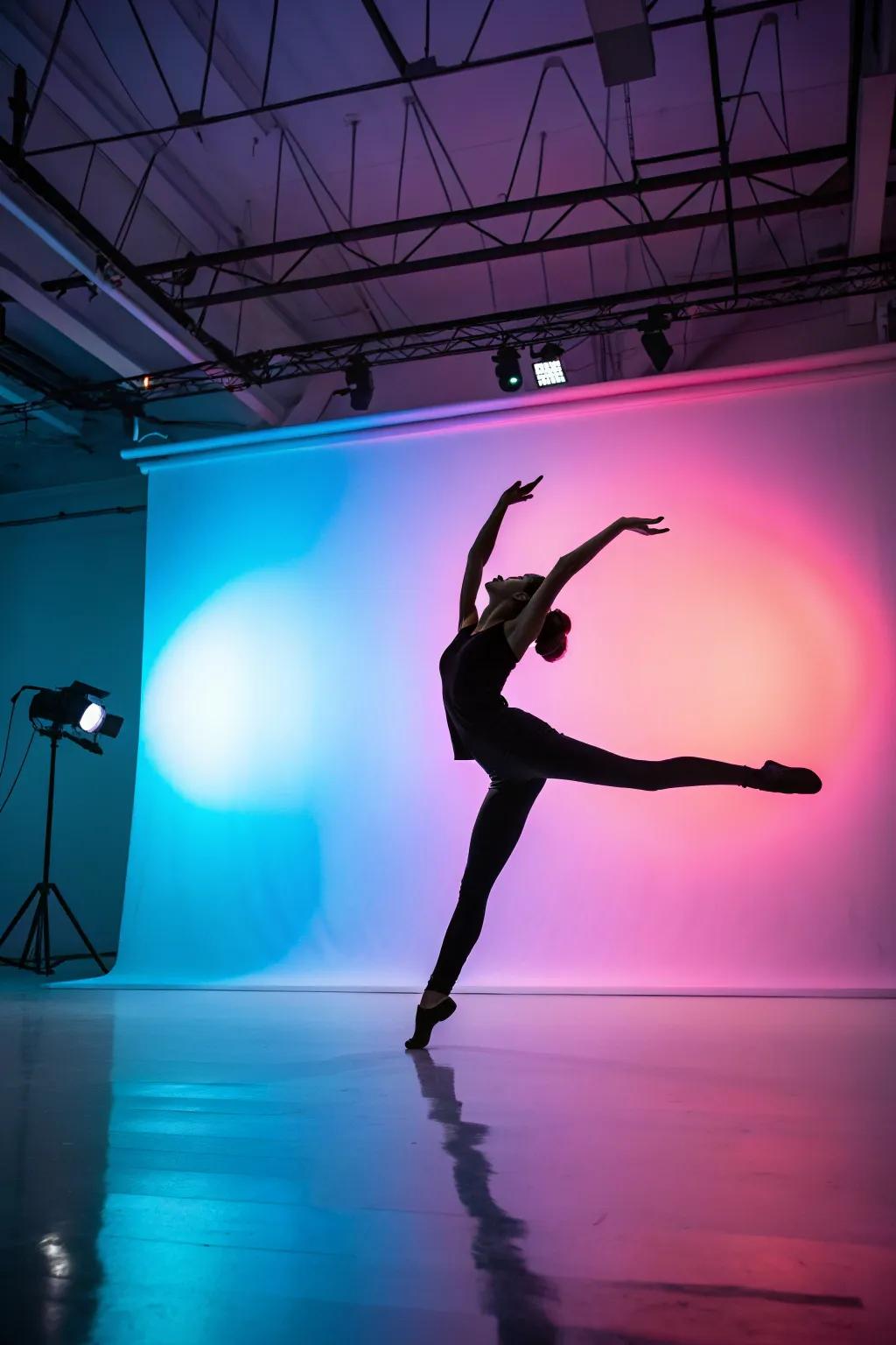 Dynamic dancer silhouette art enlivens an art studio.