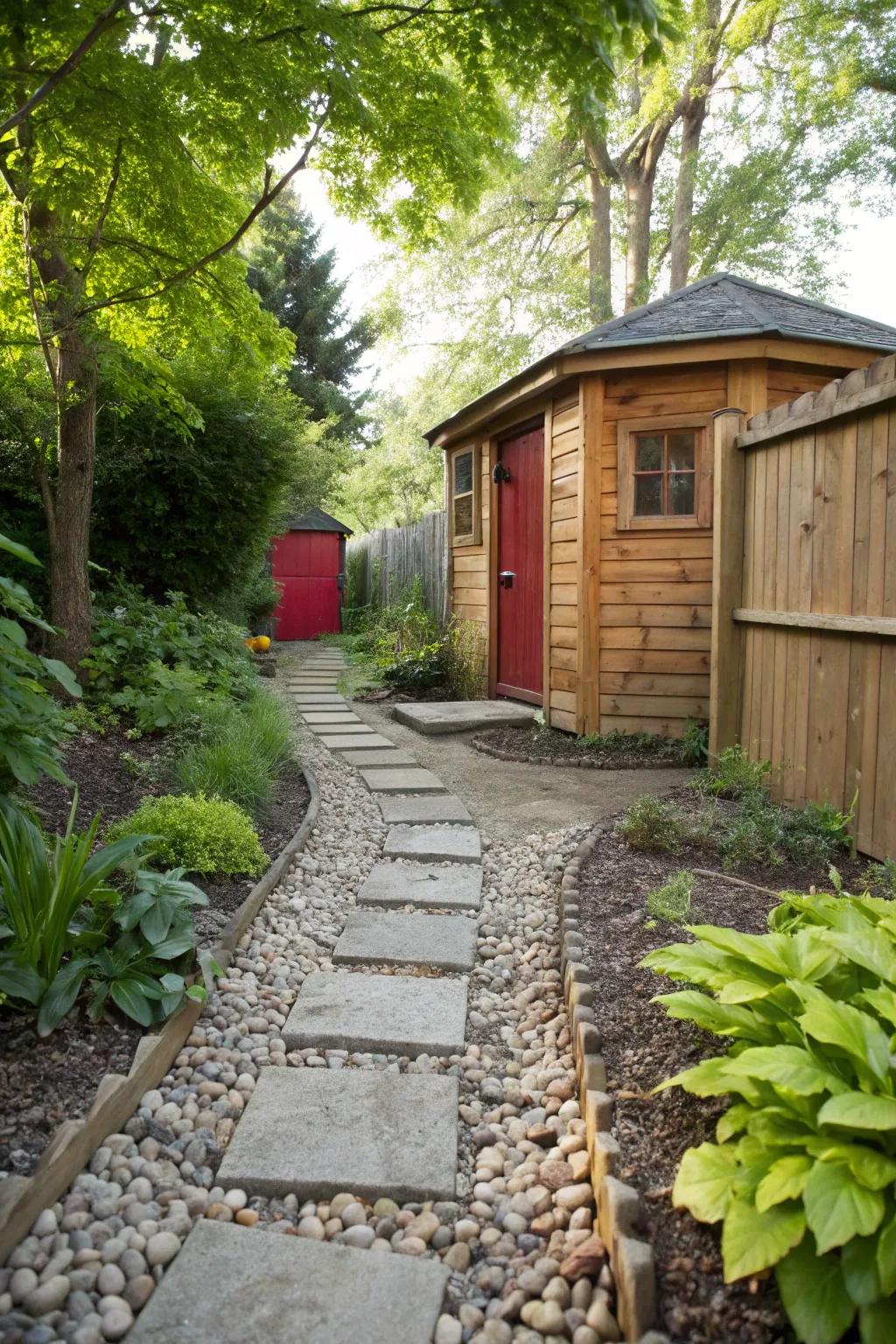 A stone pathway adds both beauty and functionality to your shed area.