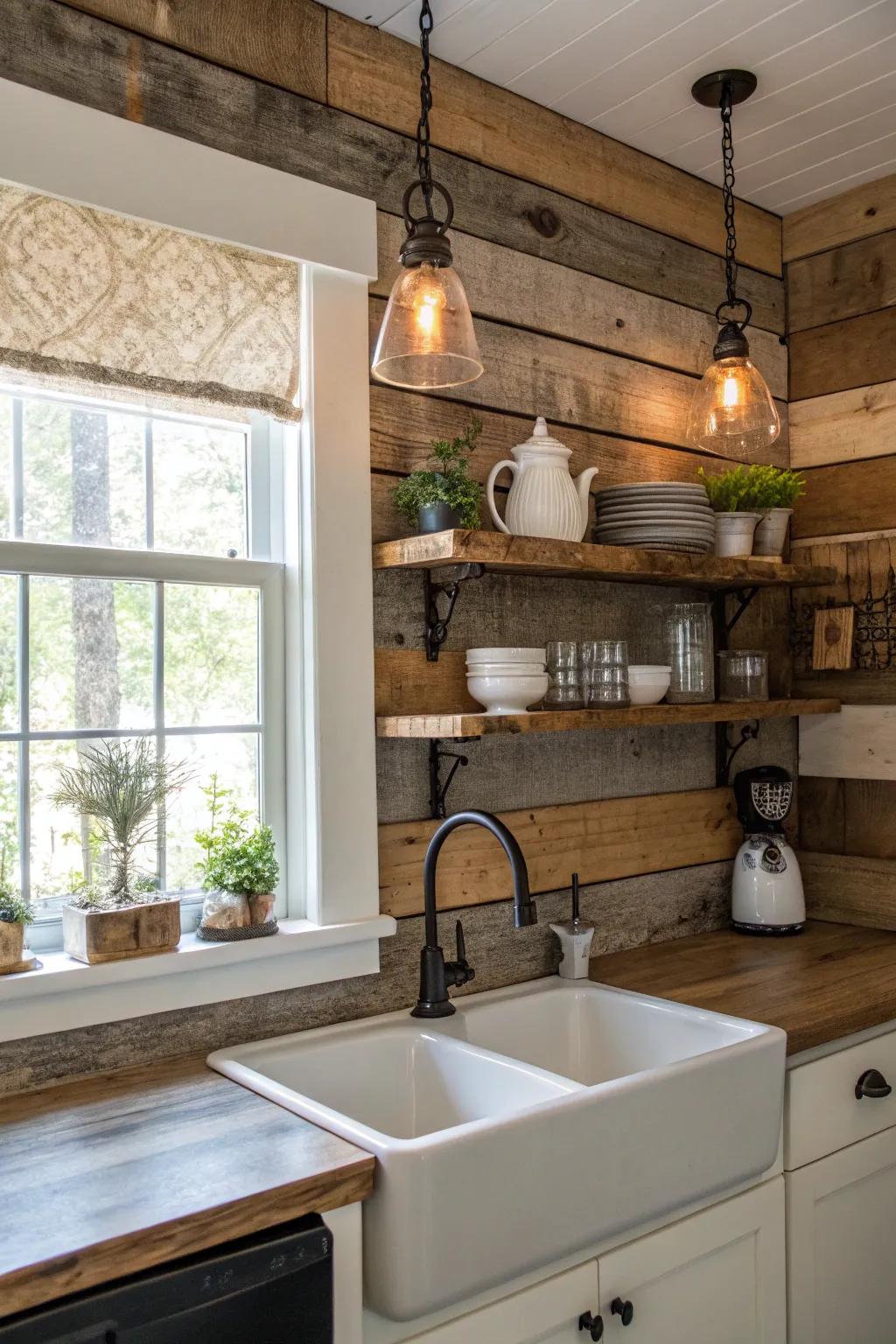 Farmhouse charm with rustic wood elements in the kitchen.