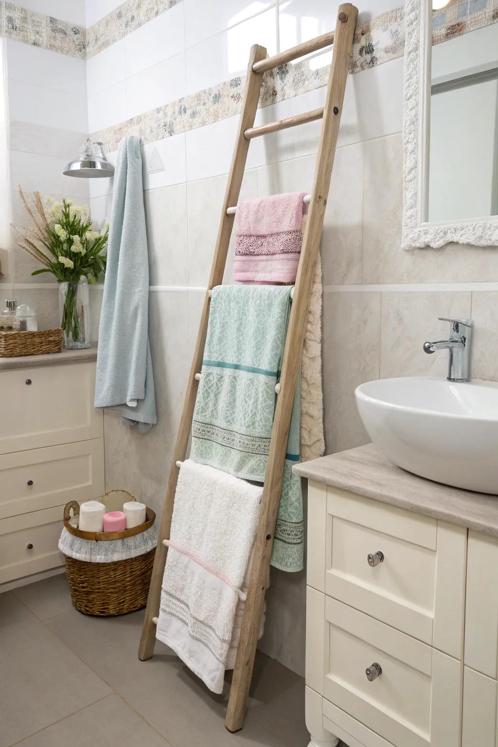 Bring in flair with a showcase ladder for towel storage.