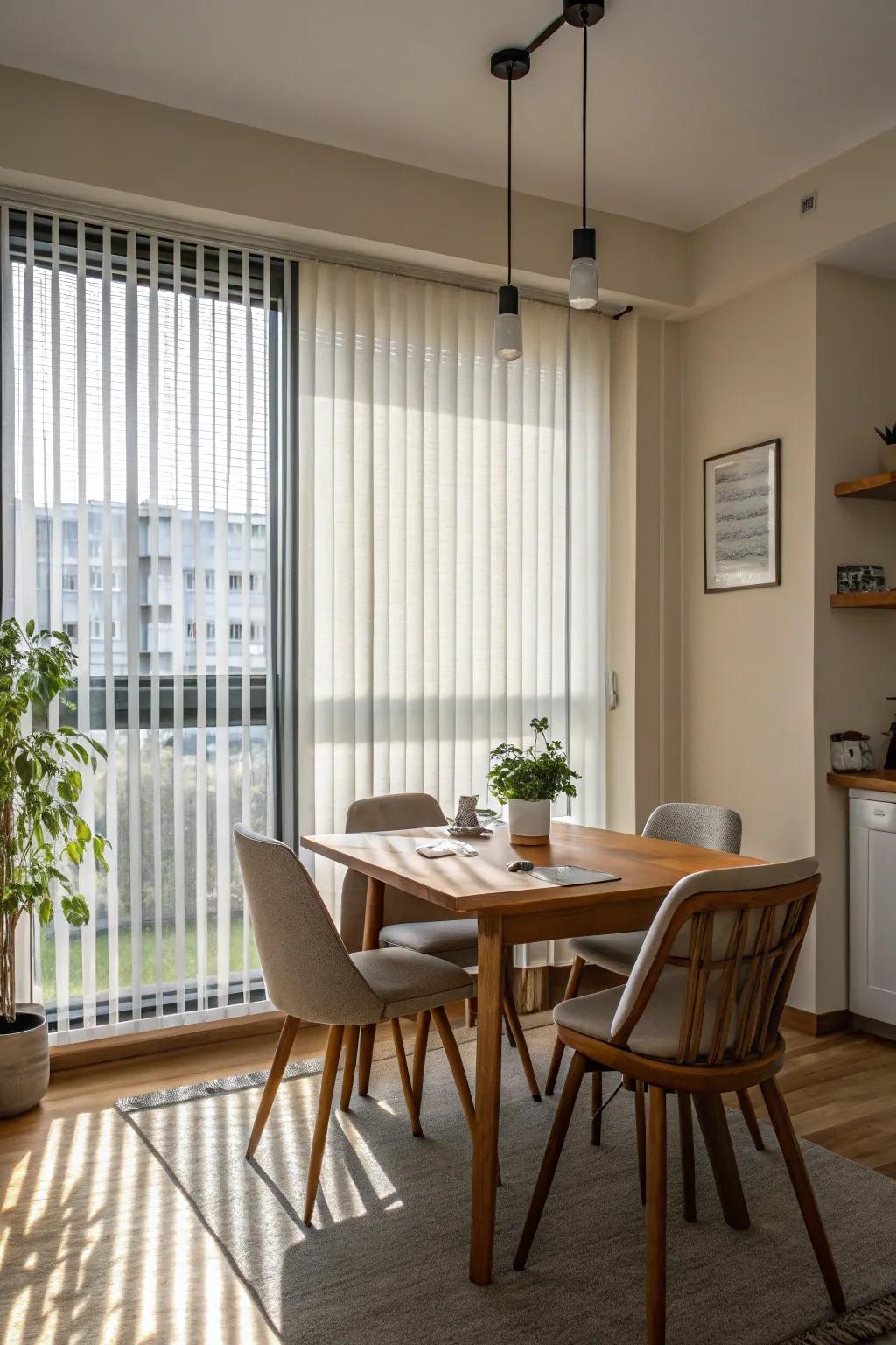 Straight blinds provide a sleek, contemporary touch to larger windows.
