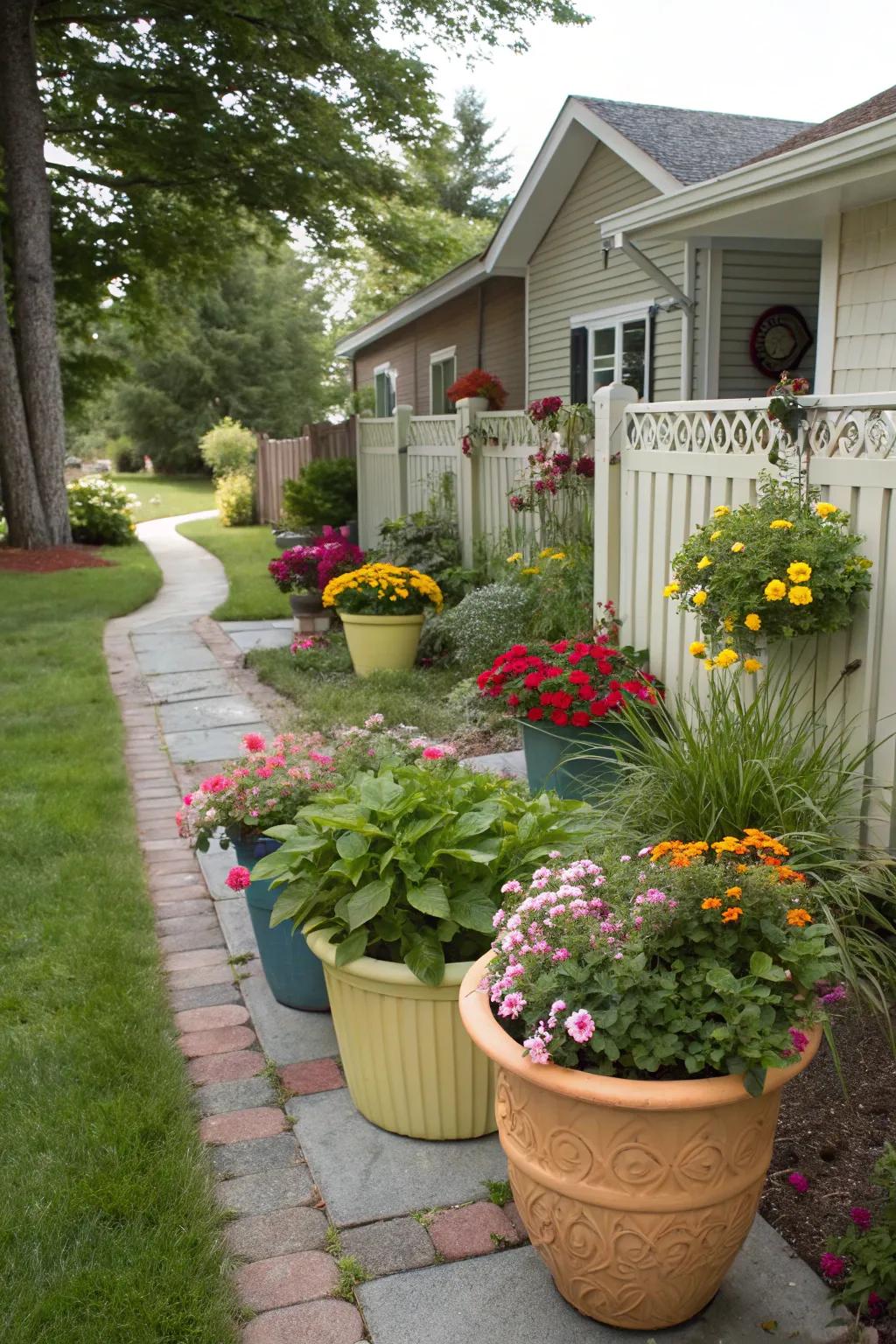 Colorful planters add versatility and charm to any yard.