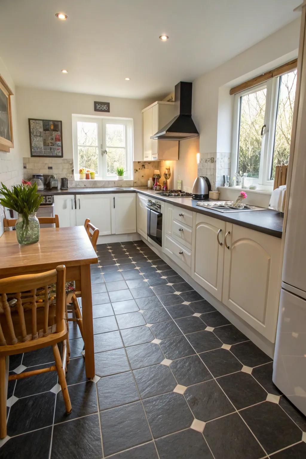 Contrasting floor hues delineate zones attractively.