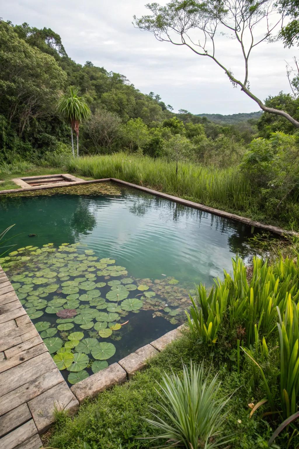 A serene natural pool cleaned by a floating wetland system.