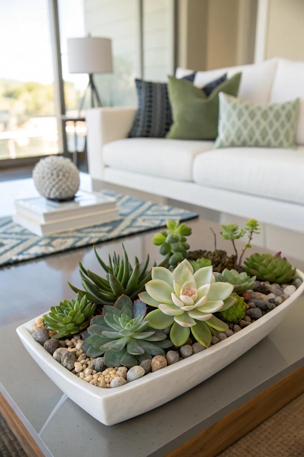 A fleshy plant setting with a solitary sprout makes an enduring point of convergence.