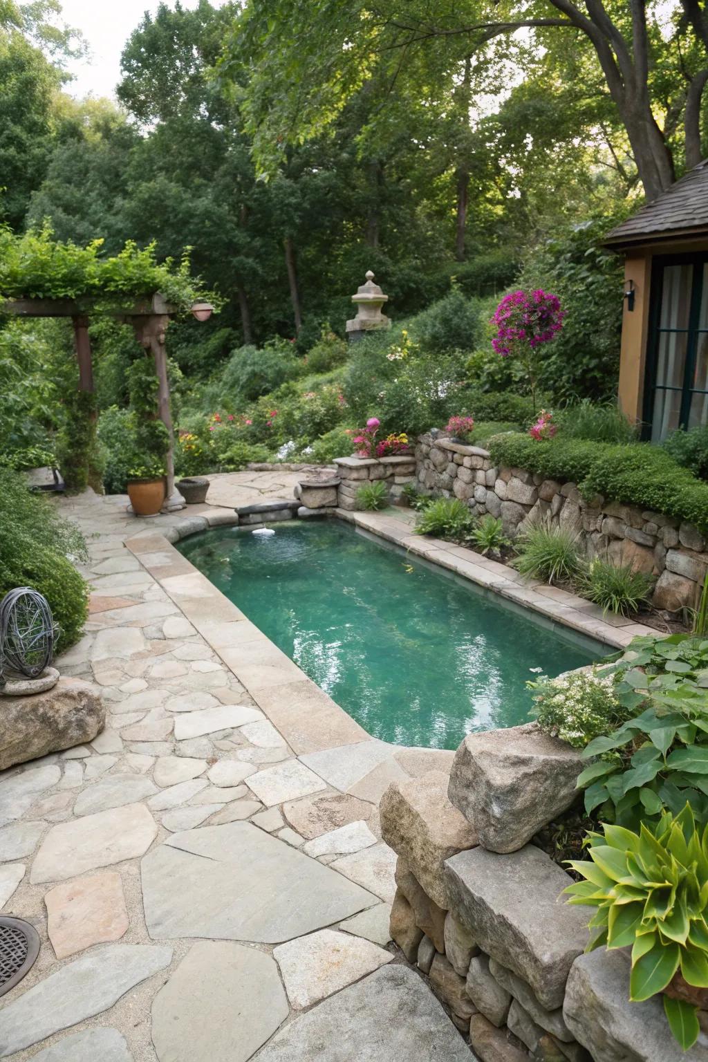 Natural stone adds a luxurious touch to small pools.