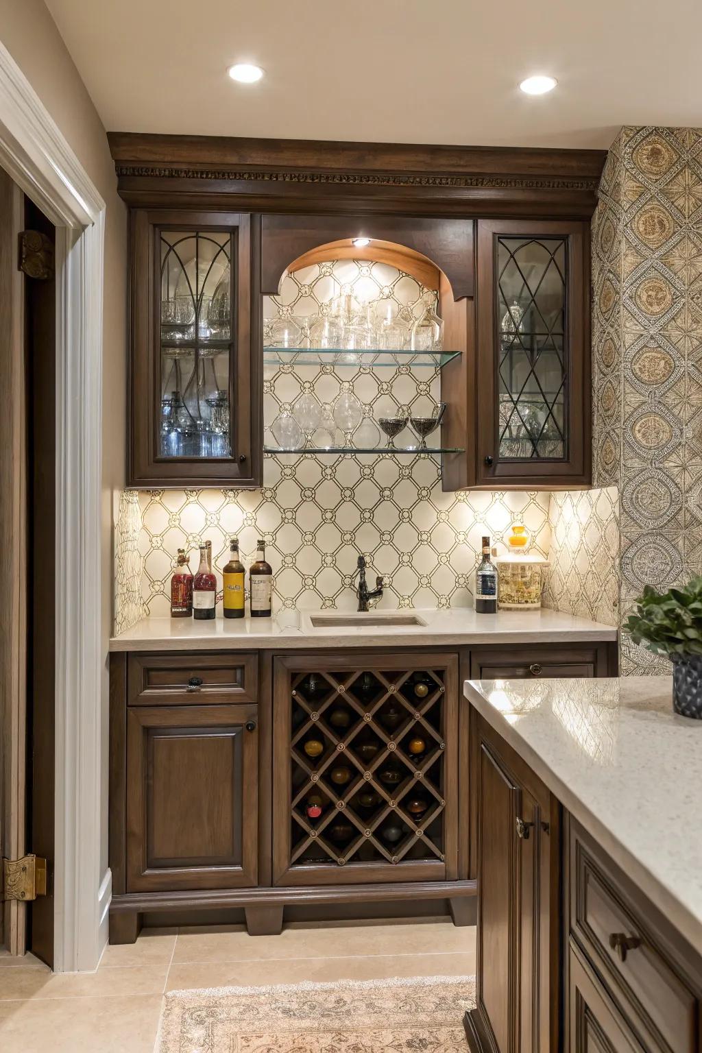 Elegant backsplash tiles adding character to a small wet bar.