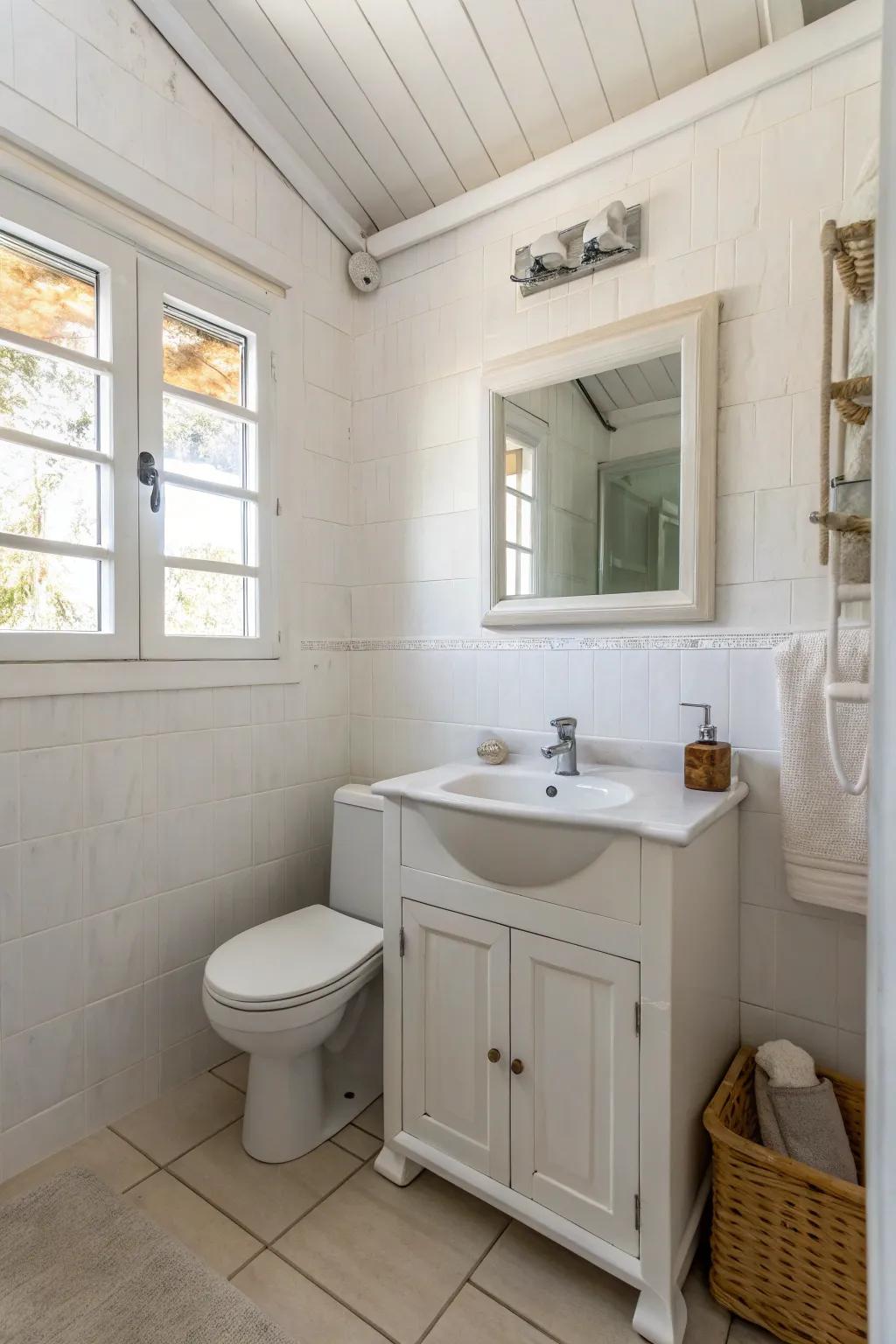 A white and neutral palette can visually expand a small bathroom.