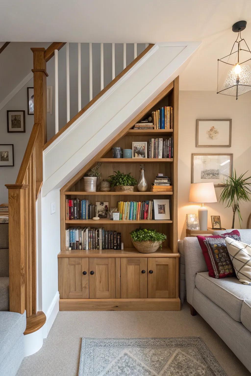 Using area below the staircase for fashionable storage options.