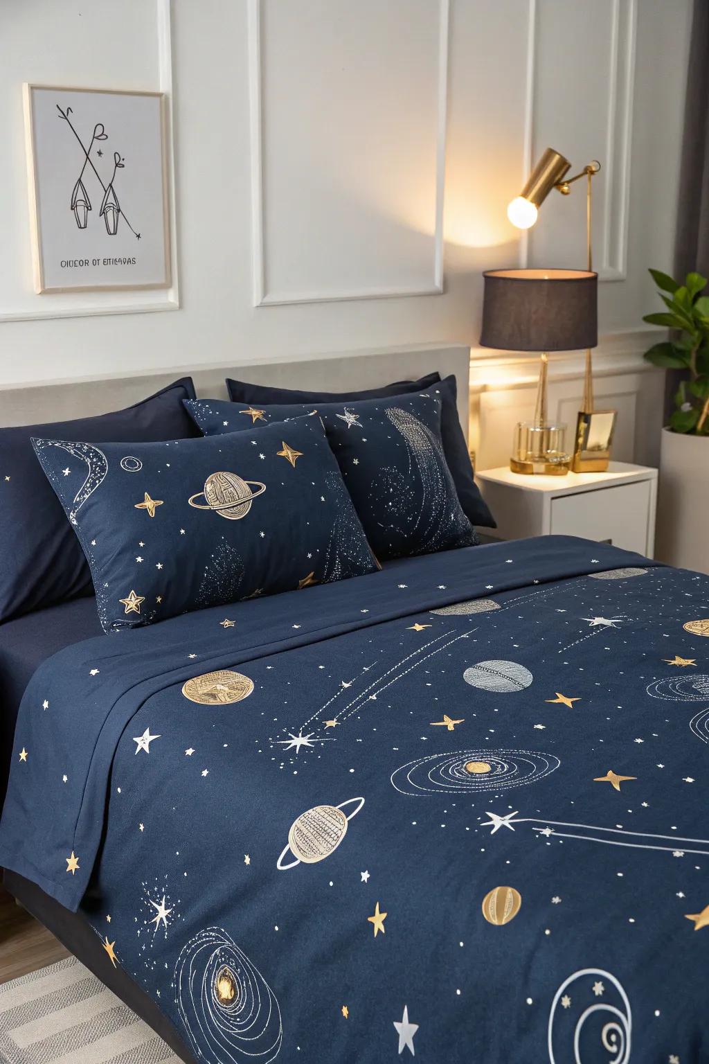 Space-themed bedding adds a cosmic touch to your sleep sanctuary.