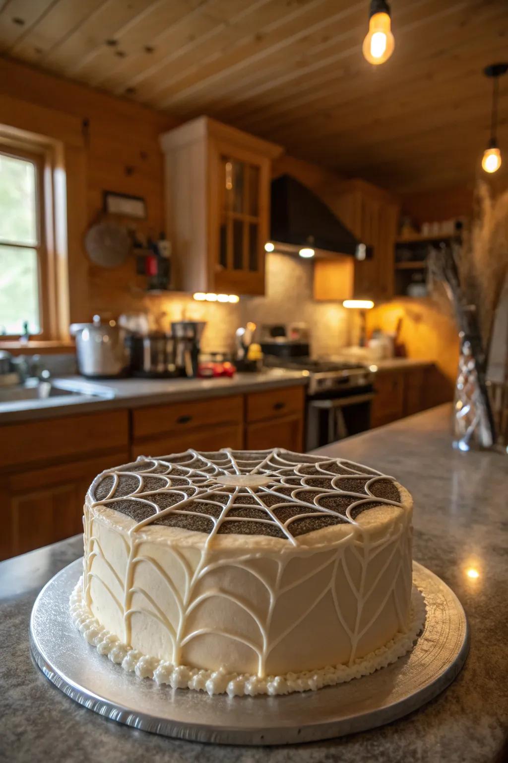 A cake adorned with a delicate spider web design.