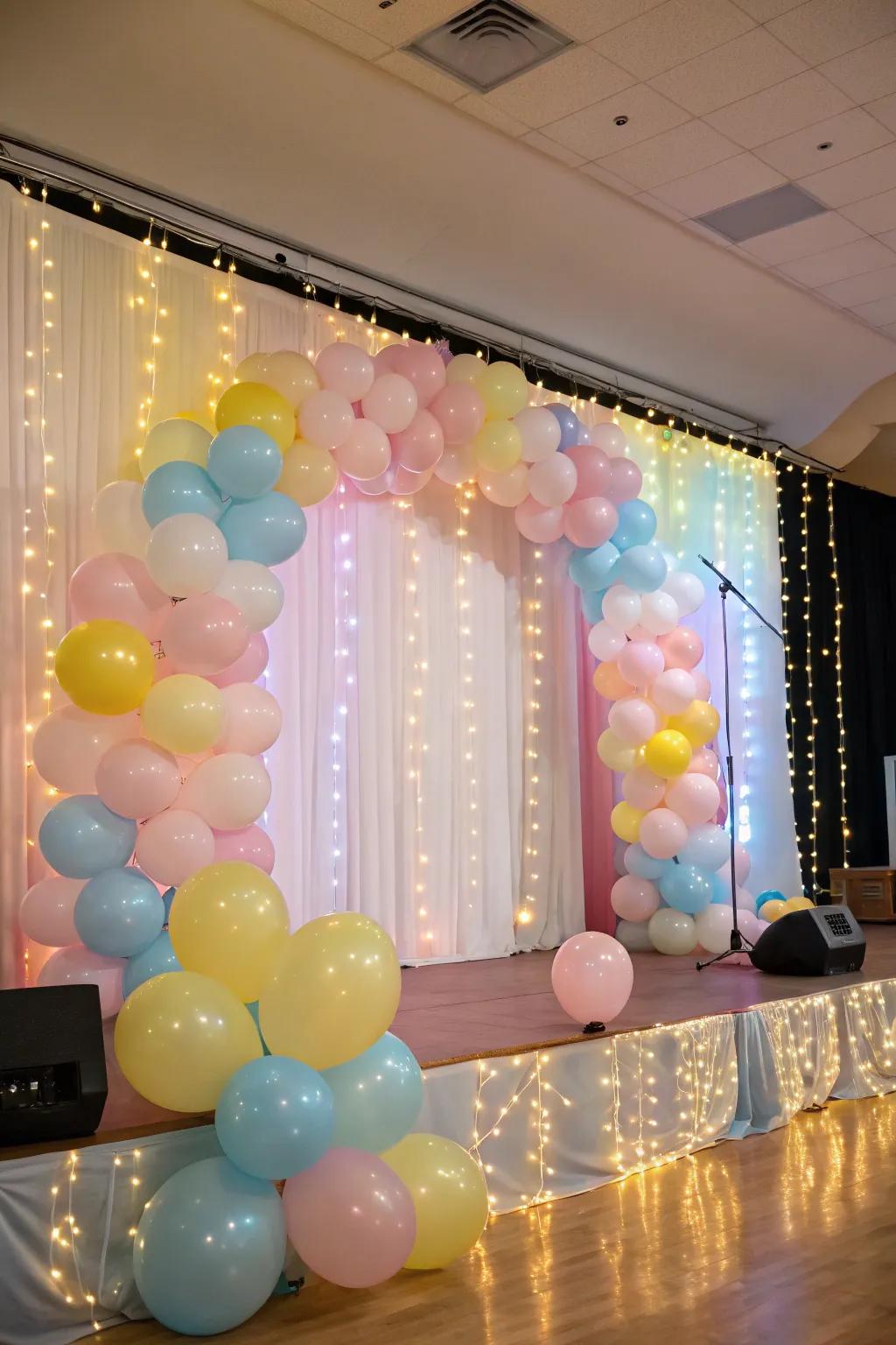 A dreamy backdrop adorned with pastel balloons and twinkling fairy lights.