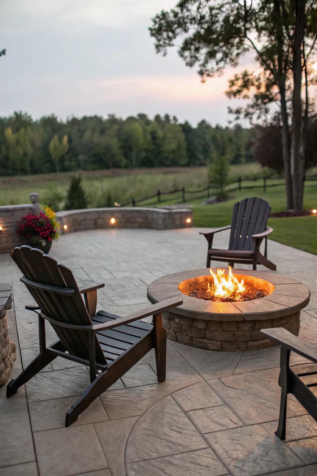 A central fire pit introduces charm and warmth to the patio.