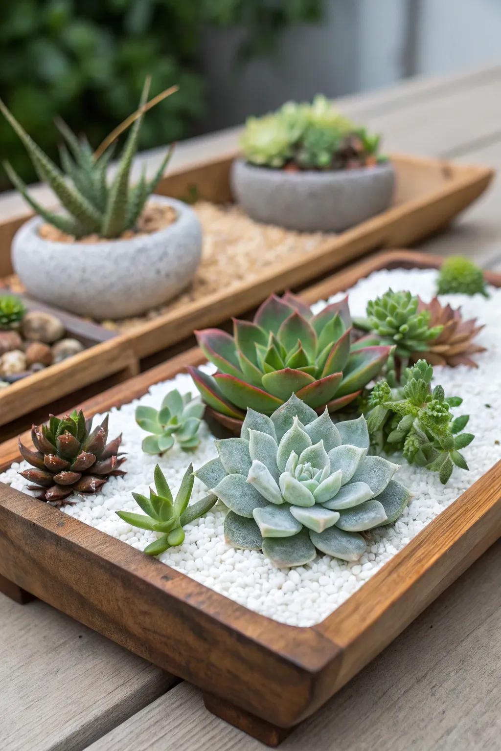 A zen-influenced succulent garden featuring gravel.