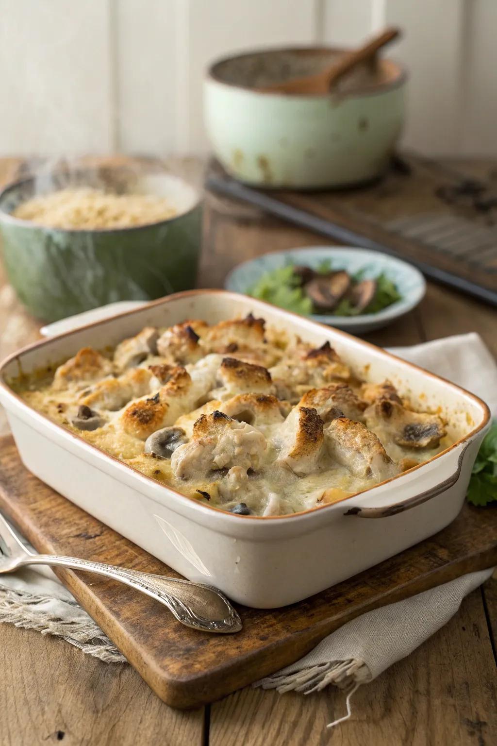 Creamy poultry and fungi bake, a family favorite.