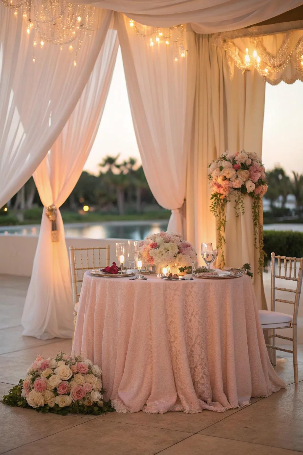 A romantic sweetheart table adorned with elegant drapery and soft fabrics.