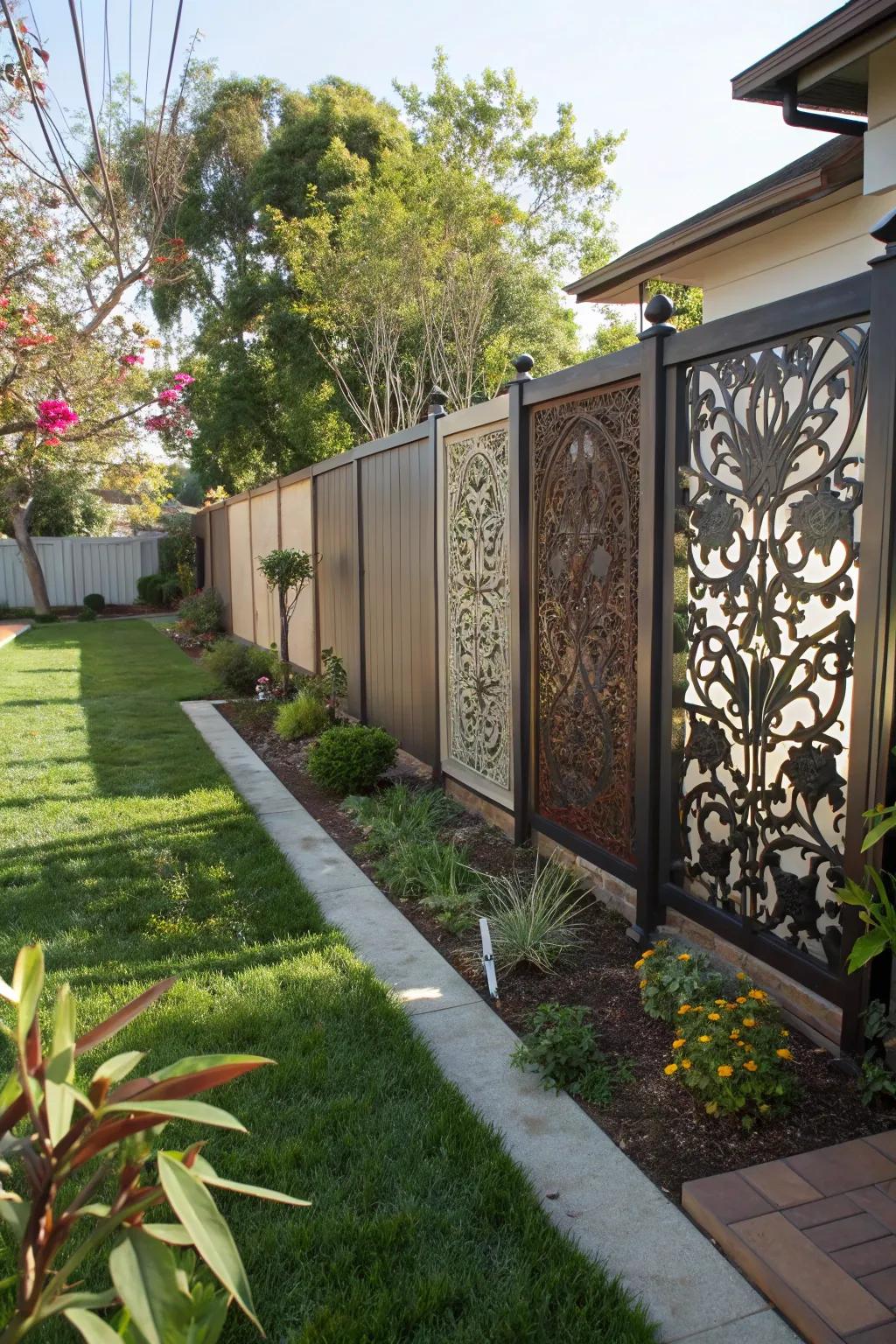 Artistic metal panels create privacy while adding an artistic flair.