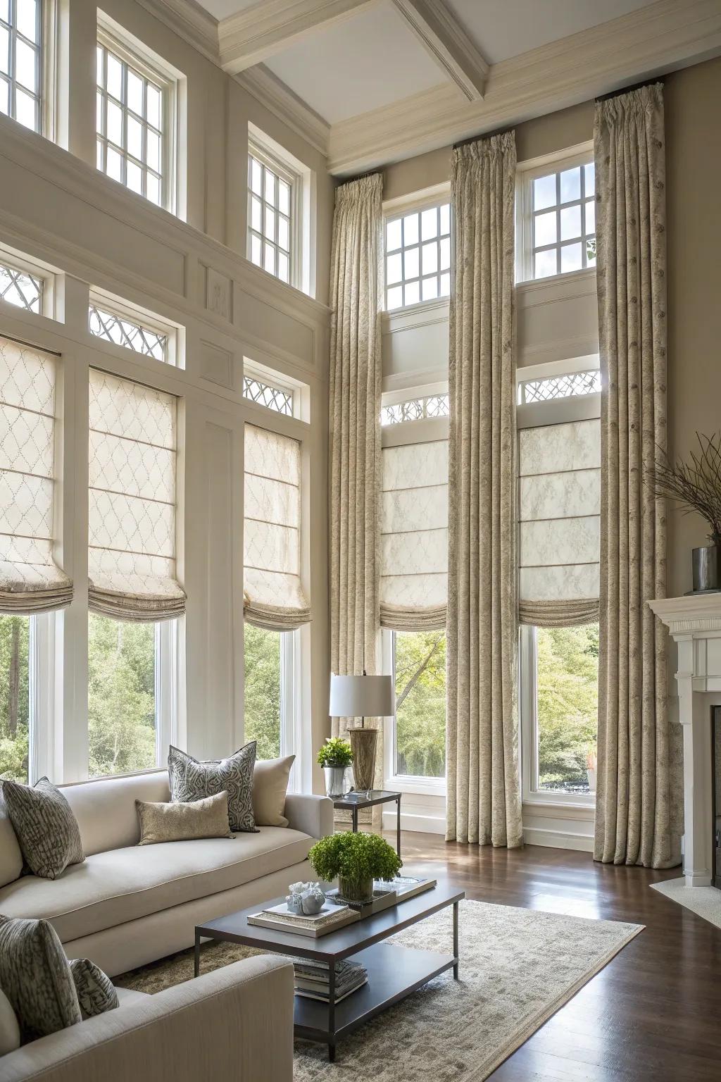 Roman shades bring a touch of sophistication to tall windows.