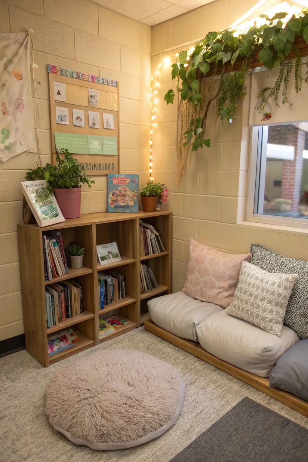 A cozy reading nook invites students to explore new worlds.