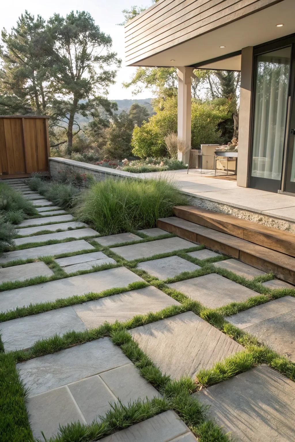 A mix of grass and stone makes a naturalistic yet upscale patio.