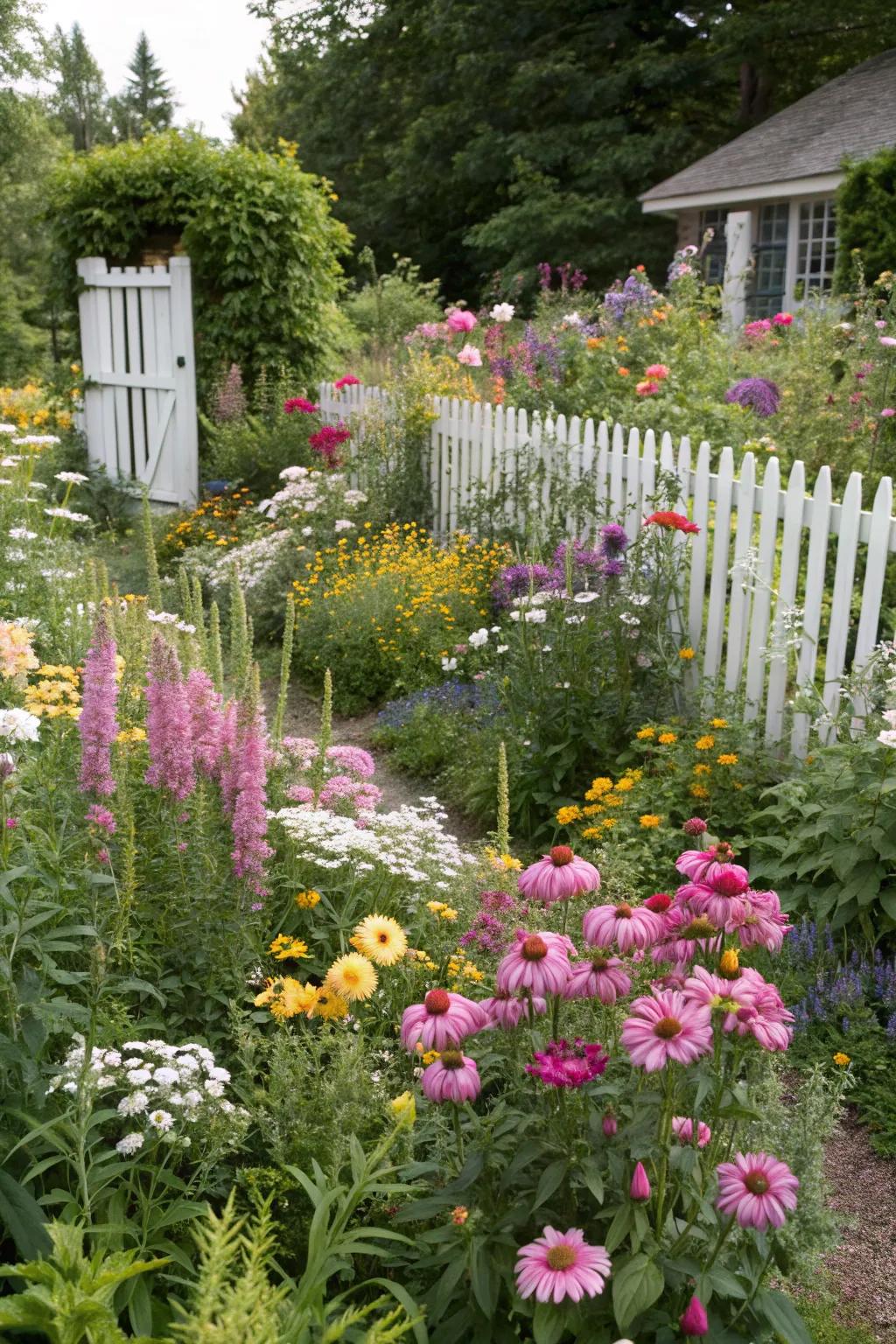 A charming countryside garden brimming with vibrant blossoms.