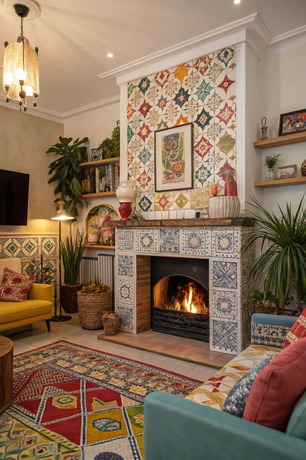 Bold patterns add vibrancy and personality to this eclectic fireplace.