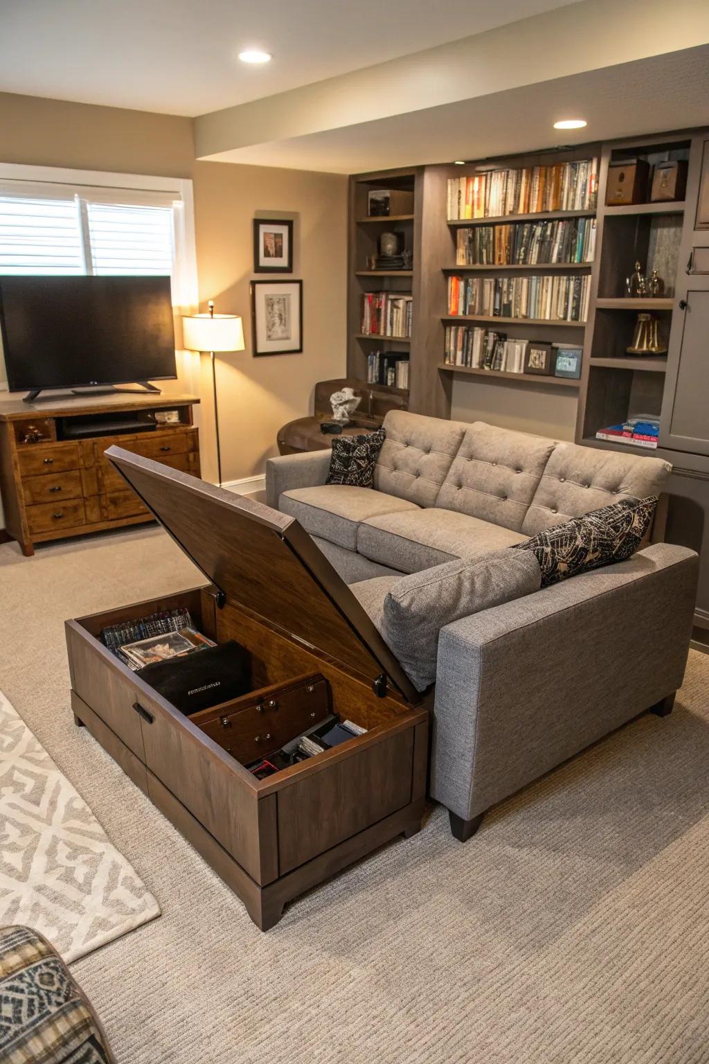 Multifunctional furniture maximizes space and utility in a small man cave.