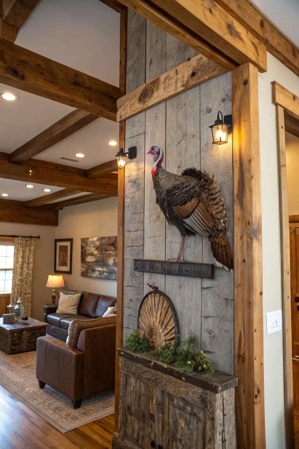 A turkey mount beautifully set against rustic wood paneling.