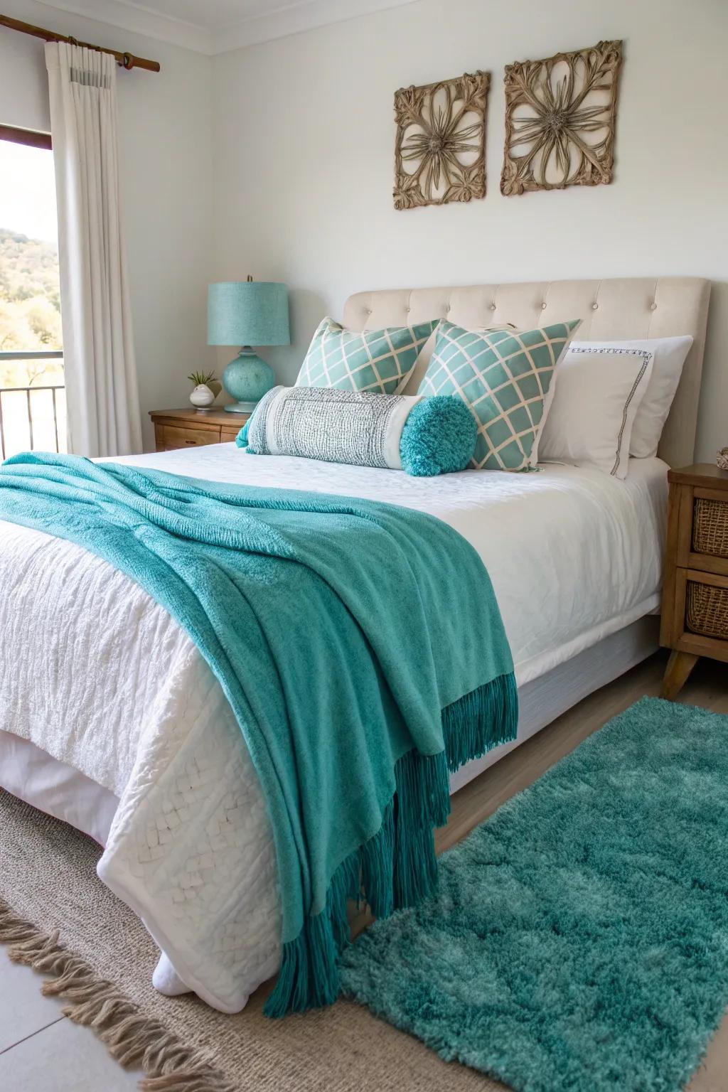 Turquoise fabrics bring a dash of color and coziness to this welcoming bedroom.