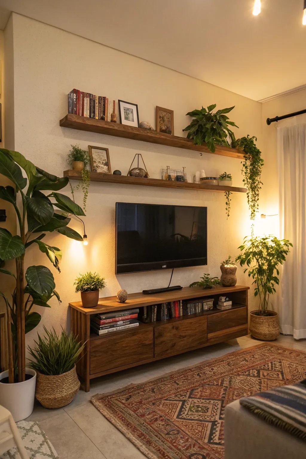 Floating shelves and plants add life to this TV accent wall, creating a lively atmosphere.