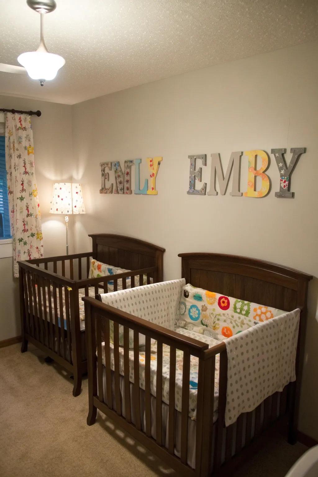 Personalized wall art adds a unique touch to each twin's space.