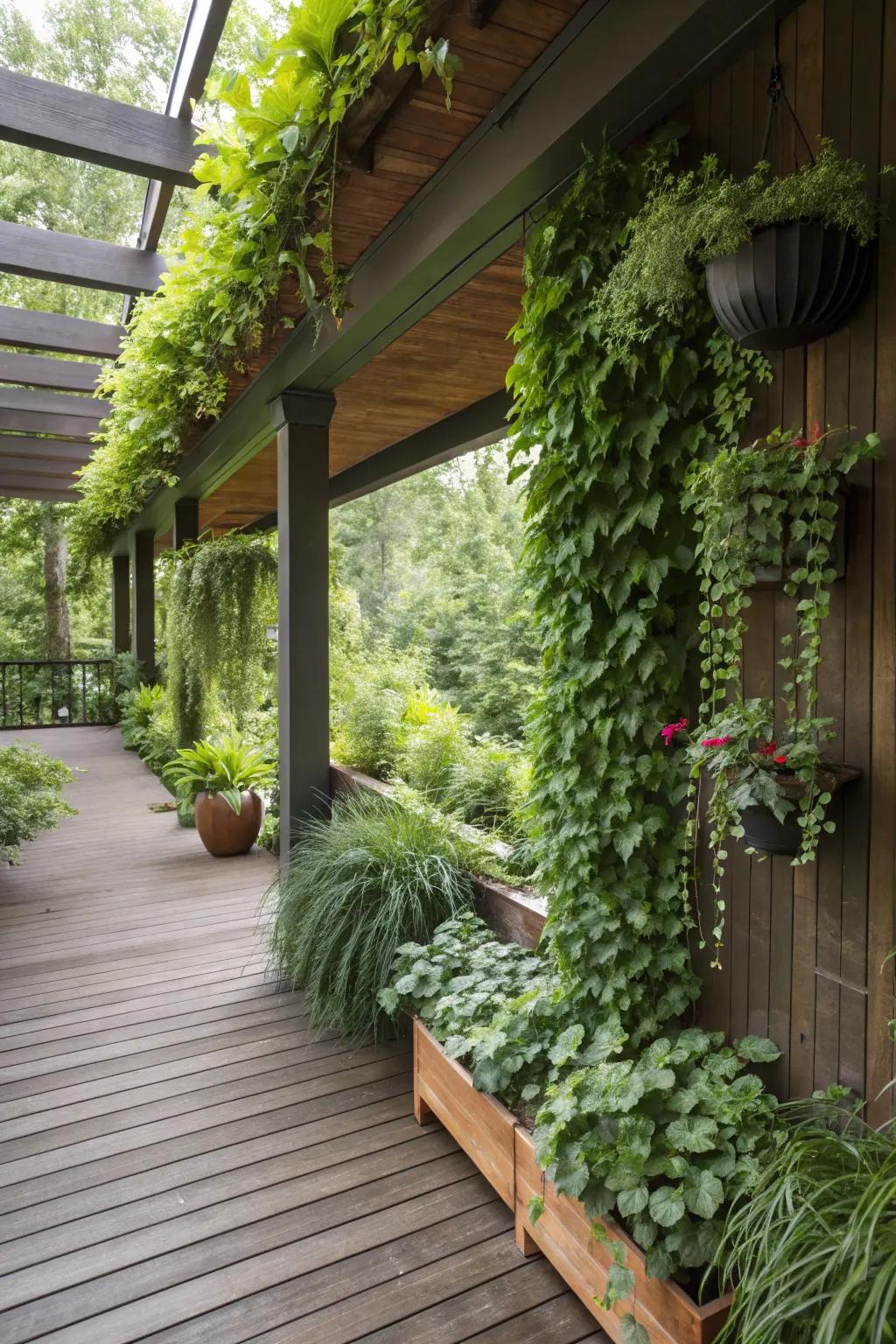 A secret natural nook beneath the deck, overflowing with rich foliage and upward planters.