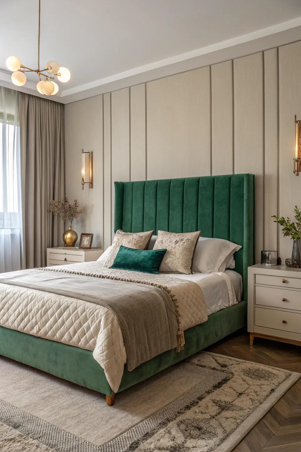 A bold emerald headboard adds a vibrant touch to the bedroom.