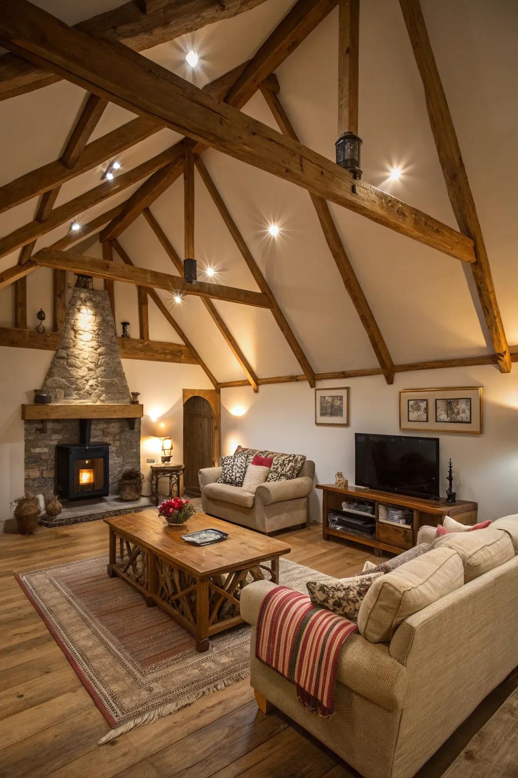 Exposed beams are enhanced in depth through well-considered lighting.