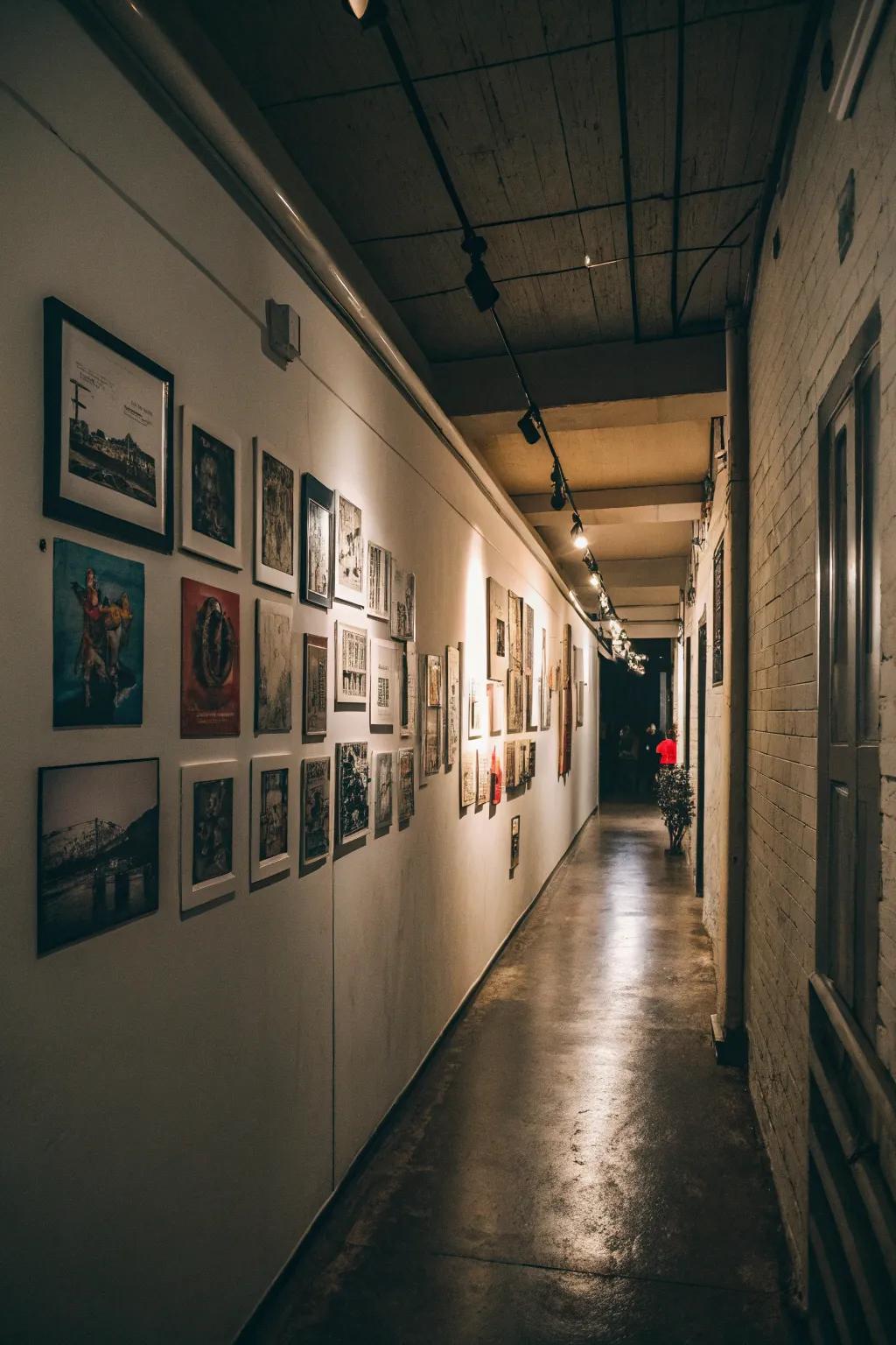 A vertical gallery wall in a narrow hallway space