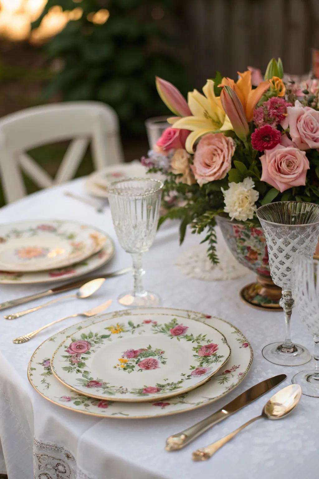 A polished vintage table arrangement highlighting floral and tableware components.