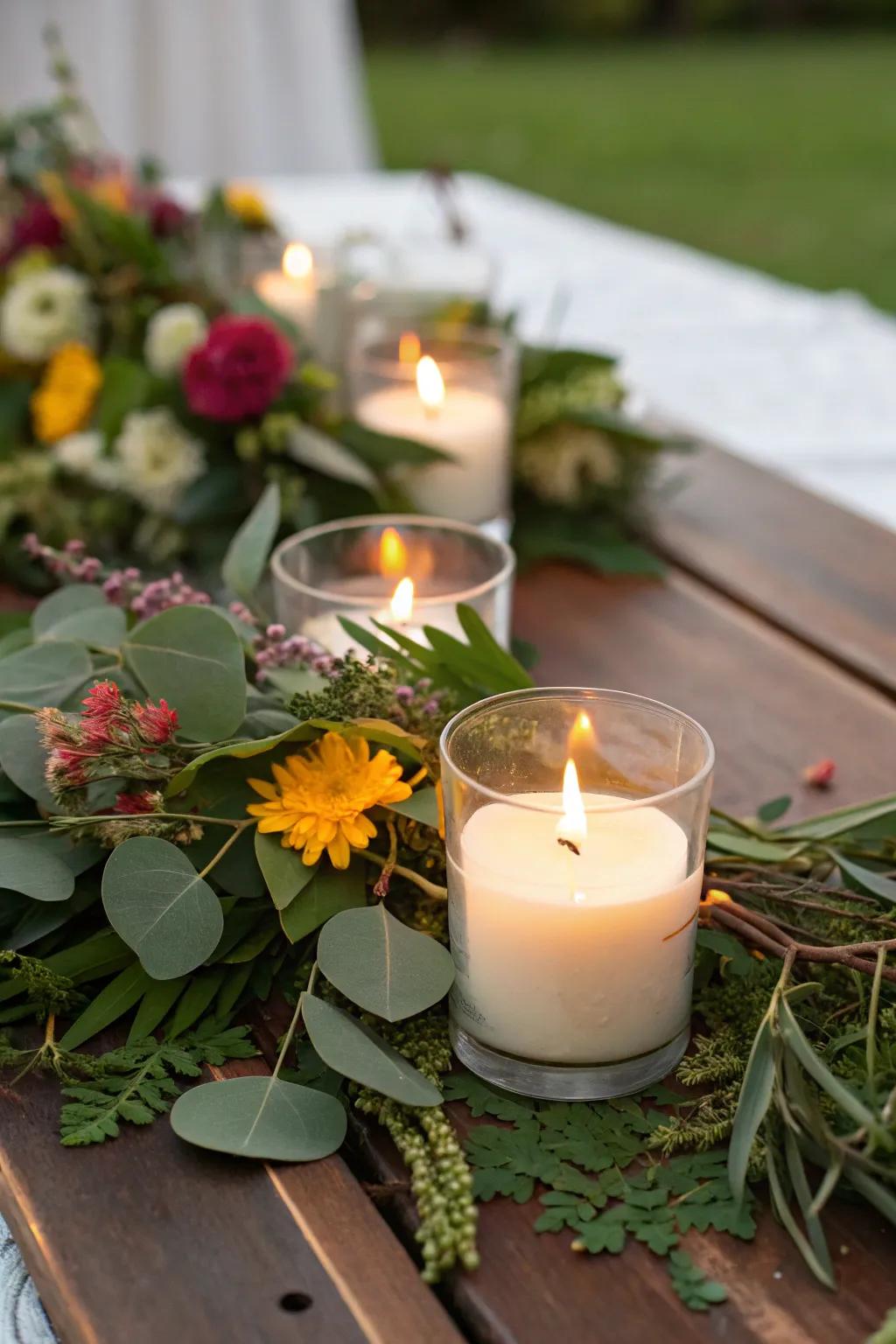 Natural elements beautifully complement votive candles.