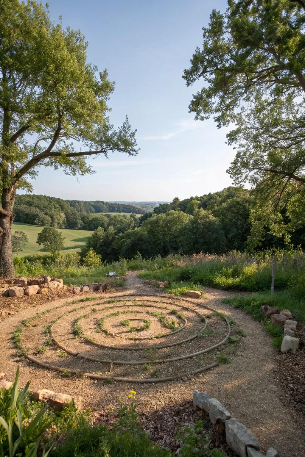 A mulch path labyrinth offers a rustic and earthy walking experience.