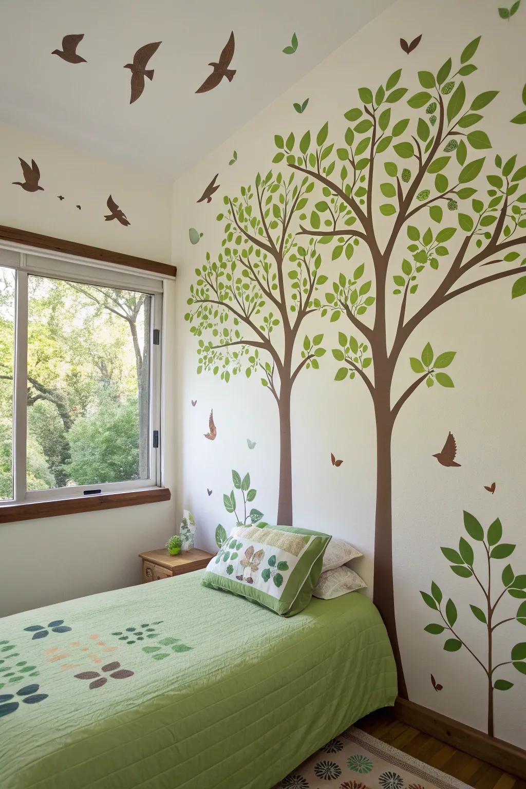 Nature-inspired decals bring a serene touch to this bedroom.