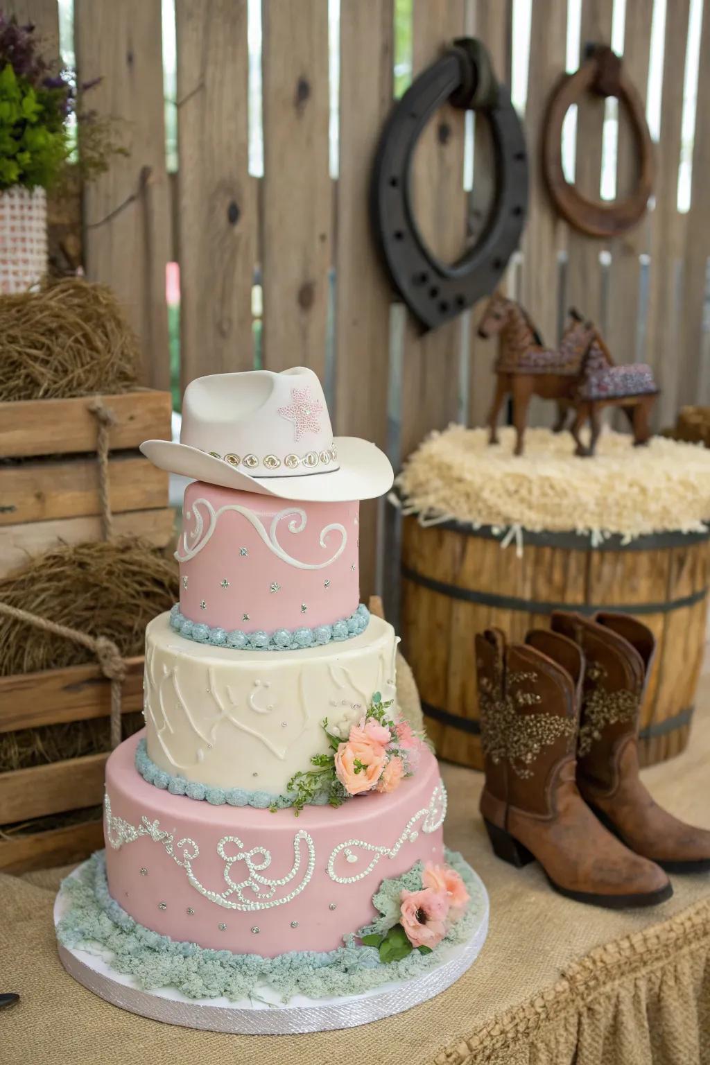 Cake topped with cowboy-themed decorations.